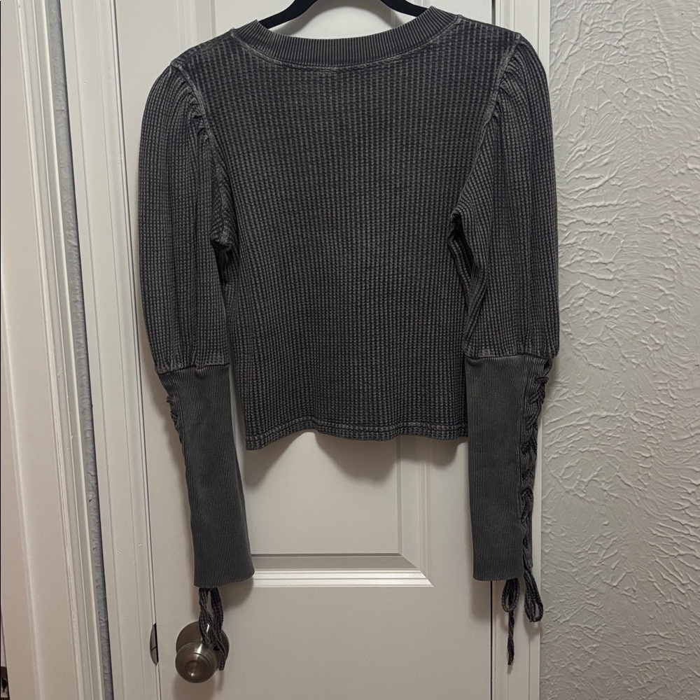 Free People Charcoal Waffle Knit Puff Sleeve Sweater - Picture 5 of 7